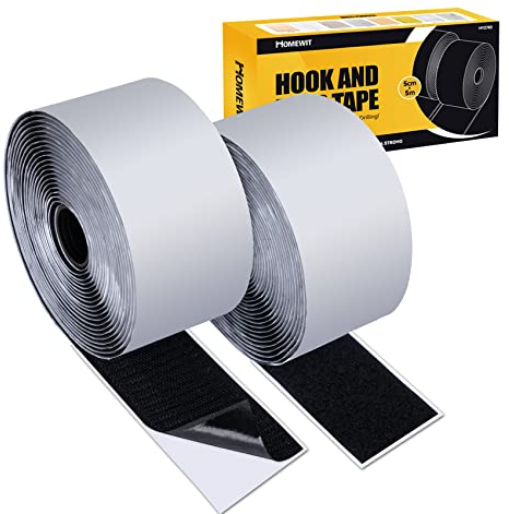 Homewit Klettband Selbstklebend Schwarz 5m x 50mm,Klettverschluss Selbstklebend Extra Stark,Klettband zum Nähen,Klettband für Fliegengitter