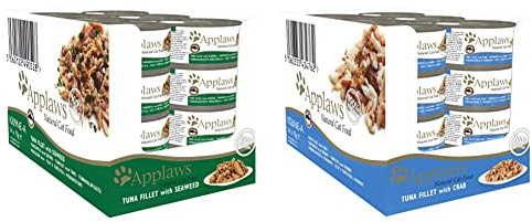 Applaws 100% Natural Cat Food, Tuna Fillet and Seaweed, 70 g Tin (Pack of 24) & 100% Natural Wet Cat Food, Tuna with Crab, 70g (Pack of 24)