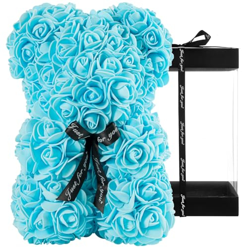 DuHouse Oso de Peluche Rosa Oso de Peluche Flor Caja de Regalo Negro para el Día de San Valentín, cumpleaños, Día de la Madre, Navidad, Aniversarios, Totalmente Hecho a Mano, 25,4 cm (Azul bebé)