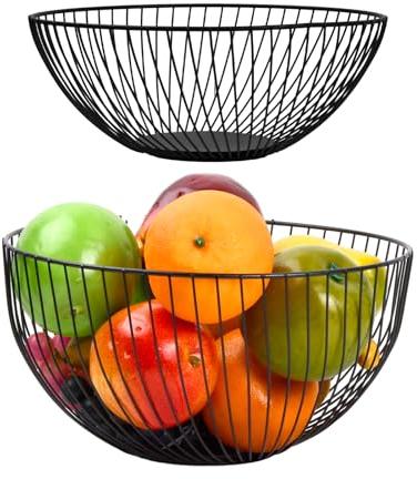 2 Cuencos para Frutas Negros, Cuencos para Frutas Modernos de Metal, Cesta de Almacenamiento de Hierro, Cesta Decorativa Multifuncional de Alambre para Cocina o Hogar