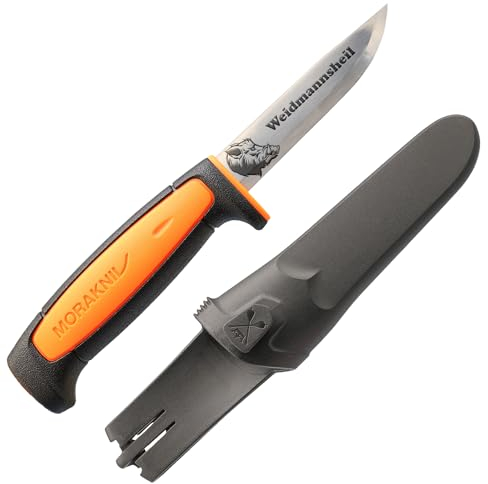 WPW Jagdmesser mit Keiler/Weidmannsheil Gravur, orange/schwarz, 91 mm Carbonstahlklinge, inkl. Kunststoffscheide