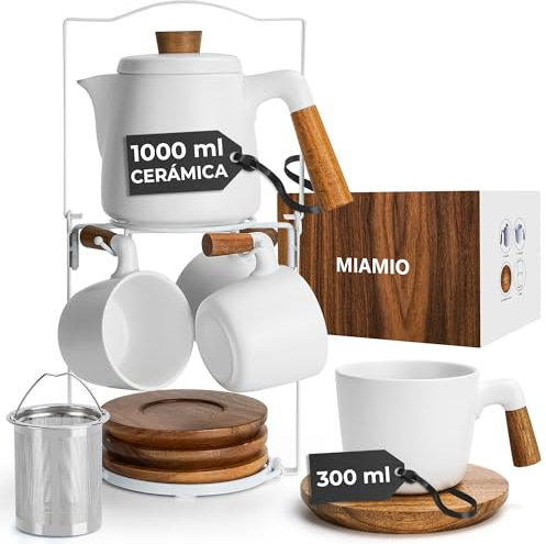 MIAMIO – Juego de tetera de cerámica de 1000 ml con infusor y tazas/colador de té, 4 tazas de té de cerámica (300 ml), platitos de bambú/asa para el hogar y el despacho (Blanco)