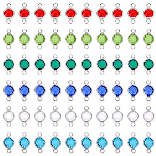 DELORIGIN 60pcs Double Loop Connector Charms for Jewelry Making Jewelry Starter Kit 6 Colors Stainless Steel with Glass Gemstone Pendants Flat Round Links for Necklace Bracelet Earring Keychain Craft
