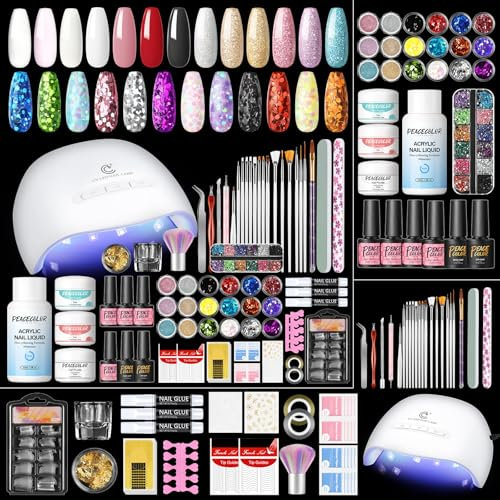 PEACECOLOR 69PCS Acrylic Nail Kit with UV Lamp Full Set for Beginner, Nail Kit Acrylic Set 3 Colours Powder and Liquid Glitter Powders 4PCS Gel Nail Polish for Starter