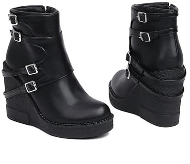 LMUIPMAA Donna Alta Tacco a Zeppa Piattaforma Partito Stivaletti,Black pu Leather,38 EU