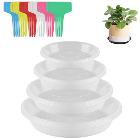 16 PcsPlant Pot Saucers, Plastic Plant Saucers for Pots, Round Plant Trays for Pots Pot Trays Circular for Indoor Outdoor Garden Balcony Plants Flowers + 24 Lables (12/16/18/22cm,transparent)