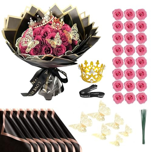 Bouquet di Rose Glitterate, 24 Pezzi Bouquet di Rose Artificiali per San Valentino,Finti Glitterati Fai-da-Te con Corona per Regali Matrimonio Anniversario Fidanzamento Compleanno