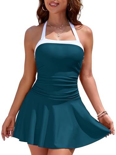 SHEKINI Ladies Swimming Costumes Halter Neck One Piece Swim Dress Tummy Control Swimsuit Ruched Swimwear Bathing Suit Plus Size Cyan