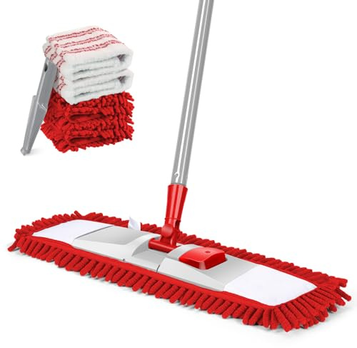 Masthome Wischmopp, Bodenwischer Set mit 4 Wischpads, Mikrofaser Wischmop, Chenille Bodenwischer mit 128cm Griff, Wischer Boden für Hartholz, Laminat, Fliesenboden, Senden 1 Schaber,Rot