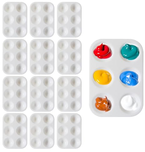 12Pcs Paint Mixing Palette Tray, Paint Tray Palettes with 6 Wells for Watercolor Acrylic Oil Art Painting, Reusable, Rectangular Palette for DIY Craft (8.8 X 12.5 cm）