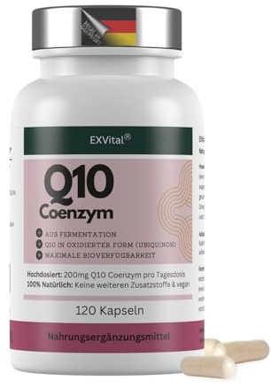 EXVital® Q10 Coenzym – 200mg pro Kapsel – 120 vegane Kapseln – reicht für 4 Monate – hochdosiert & ohne Zusätze, in Deutschland produziert & laborgeprüft