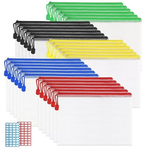 Freyeeti 30 Piezas Bolsas de Documentos A5 con Cremallera | Carpeta De PláStico Con Cierre, Bolsa Con Cierre Para Documentos, Recibos, Papel De Examen, CosméTicos, 5 Colores