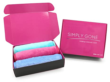 Simply Gone Make Up Remover Cloth (3 Pack). Large Reusable Microfibre Face Cloth removes all makeup, even waterproof mascara. Ideal for Sensitive Skin. (Blue, Pink & Turquoise)