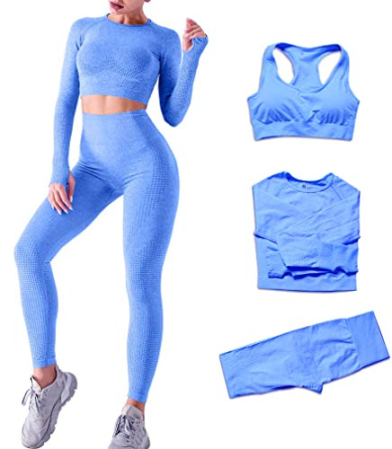 DONYKARRY 3set di Abbigliamento Sportivo da Palestra Senza Cuciture, Yoga Gym Leggings da Yoga a Vita alta e Reggiseno Sportivo e Top Sportivo (Blu,L)