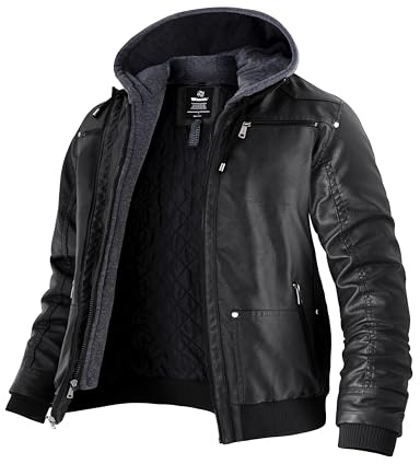 Wantdo Giacca Invernale Giacca Pelle Cappuccio Removibile Giacca Mezza Stagione Giubbotto Pelle Invernale Spesso-Grigio M