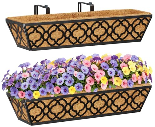 HFHOME 2Pcs 60.9cm/24in Railing Planter Box, Hanging Flower Baskets with Coco Liner and Adjustable Brackets, Metal Planter Boxes for Window Box Porch Balcony Fences