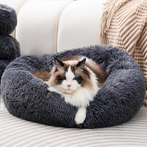 Fhodigogo Cama para perros y gatos, pequeña, cama para mascotas, cama redonda de felpa, nido cálido para gatitos con fondo antideslizante, para mascotas de 5 kg (45 cm)