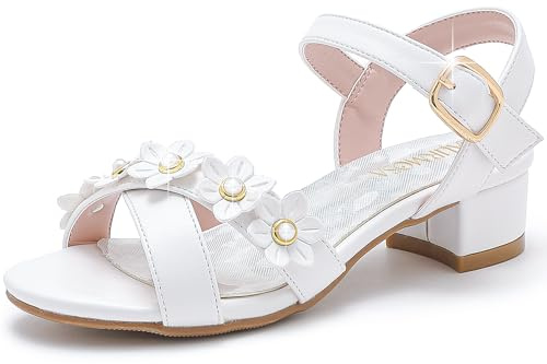 LAURMOSA Girls White Dress Shoes for Toddler Kids High Heels First Communion Church Shoes Easter Flower Girl Dress Sandals Size 2 Wedding Party Tween Fancy Heels(L100302PuWhite 2)