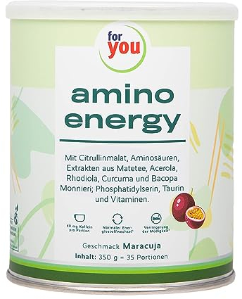 amino energy Maracuja - Pre-Workout-Booster - 350g Aminosäuren Pulver mit Citrullin Malat, Dextrin, L-Tyrosin, Taurin, Koffein aus Mate-Tee Extrakt - für mehr Energie Konzentration