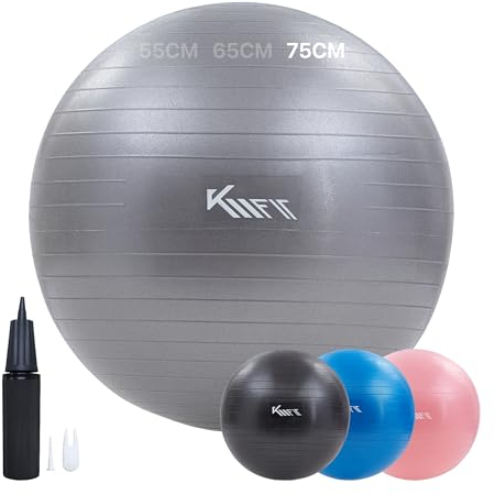KM-Fit Gymnastikball 75cm | Trainingsball mit Luft-Pumpe | Sitzball Büro Anti-Burst | Ball für Fitness, Yoga, Gymnastik, Core Training | Pezziball Yogaball BPA-Frei | Grau