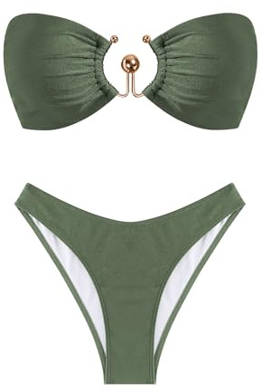 ZAFUL Women's Bandeau Bikini Set Tie Back Swimwear O Ring Strapless Two Piece Bathing Suit Green S