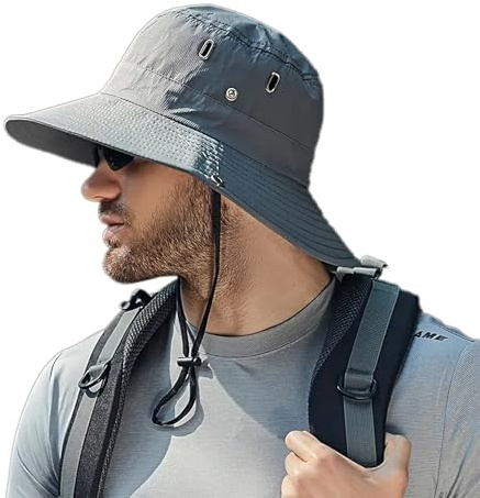 INOGIH Sombrero de playa para hombre UPF50+ de ala ancha con protección solar de malla, sombrero de pesca al aire libre, plegable, sombrero de safari, gorra Boonie, gris oscuro, M