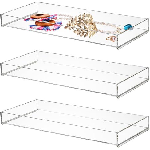 Peohud 3 Pack Acrylic Bathroom Vanity Trays, Clear Cosmetics Tray Organiser, Decorative Rectangular Countertop Bathroom Organizer for Soap, Perfume, Makeup, Cosmetics, Jewelry,Plant, 30cm x 13cm x 3cm