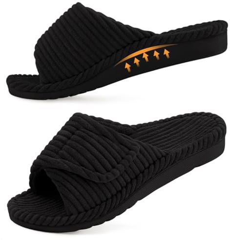 Litfun Pantofole ortopediche da donna, con supporto per arco plantare, pantofole regolabili a punta aperta, in velluto a coste, con memory foam, per fascite plantare, nero, 37.5 EU