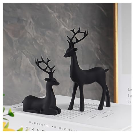 CocMouse 2 Stück schwarze Rentier Weihnachtsdekoration Harzfiguren Hirsch Statuen Elch Skulptur Hirsch Ornamente für Zuhause Büro (Schwarz, 2 Stück)