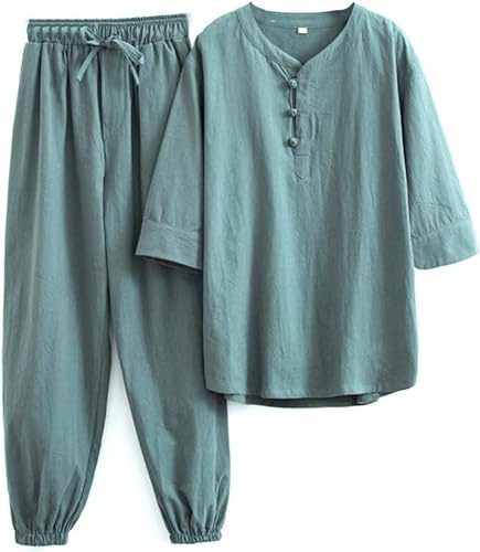 Tai Chi Kostymer Tai Chi Kläder Dam Kung Fu Uniform Bomull Linne Kampsport Set Kortärmade Byxor Zen Meditation Uniform,Tang Suit Traditionella kinesiska kläder (Grön 3XL)