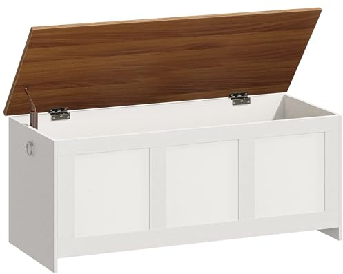 HOOBRO Storage Chest, 110cm Retro Storage Bench, Wooden Storage Trunk with Lift Top, Large Toy Chest Storage Box, Multifunctional Entryway Organizer, for Living Room, White and Walnut EWH411CW01