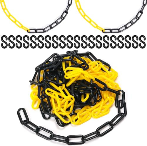 Wokape 1 cadena de plástico amarillo y negro de 5 m x 6 mm, barrera de cadena de seguridad con 20 ganchos de conector para control de multitudes, control de tráfico, gestión de espacio de