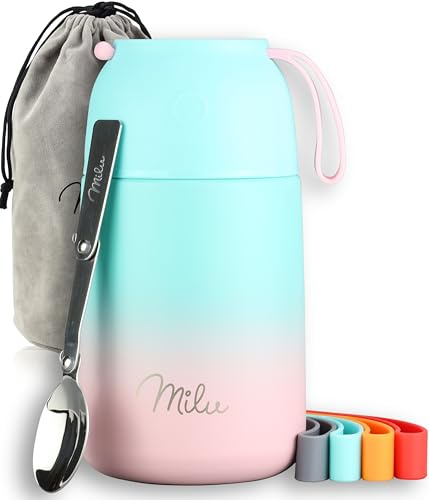 Milu® Termosbehållare för mat 450 ml, rostfritt stål, termisk lunchlåda, soppbehållare to go, termolåda, termoburk för att hålla sig varm soppor, babygröt, matbehållare, bredare på språng, mintrosa