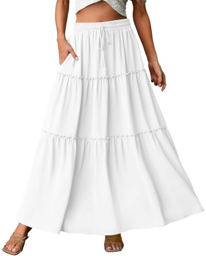 Genfien Gonne Lunghe da Donna Maxi Gonna a Vita Alta con Tasche Linea A Gonna Estiva Basic Elasticizzata a Pieghe Casual