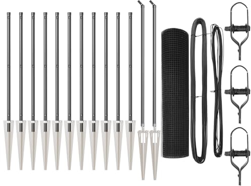 vidaXL Set di recinzione in rete saldata con 13 picchetti grigi 0.8X25 m in acciaio, soluzione durevole e a bassa manutenzione per recinzione di confine esterna, giardino, set rivestito in PVC, solu