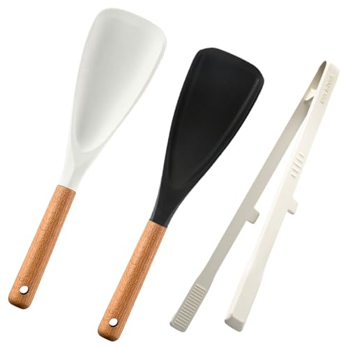 Espátula multifunción Cuchara de cocina, pinzas de cocina, 2 en 1 Cuchara de silicona mate Cuchara de ensalada con mango de madera, resistente al calor (Negro + Blanco)
