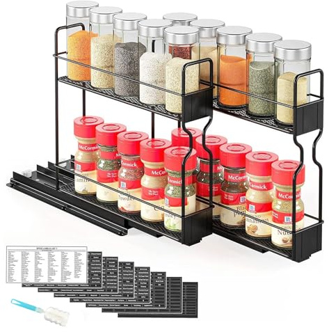 Esenlong Estantería para especias de 2 niveles, de pie, extensible, organizador de cocina, estante de metal para especias con rieles de rodillo, color negro