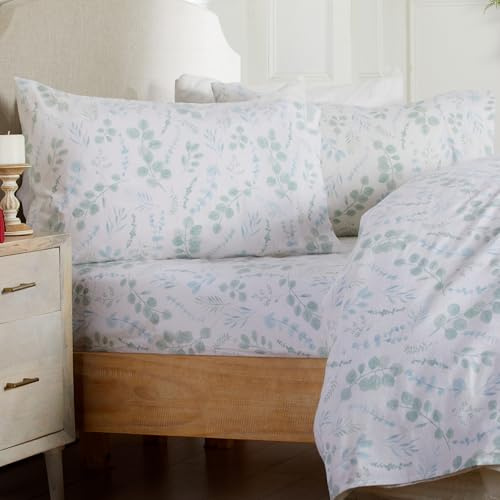 Market & Place 100% Cotton King Flannel Sheet Set | 4 Piece Deep Pocket Cozy Winter Floral Bed Sheets | Double Brushed for Extra Softness & Comfort | Alpine Collection (King, Eucalyptus Leaves)