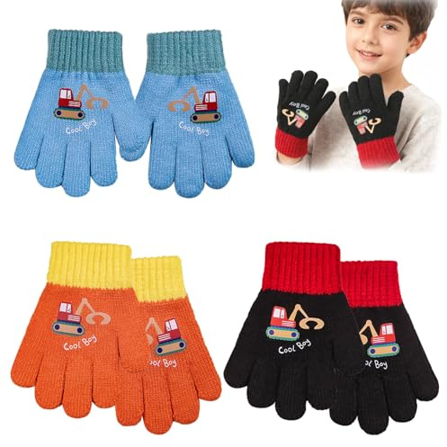 FOSDICK 3 Paires Gants Hiver Enfants Garçons 3-5 Ans, Gants en Pleins Doigts pour Tout-Petits, Gants Chauds Motifs Tractopelle, Mitaines Tricot Extensible Plein-Doigts pour Saison Froide