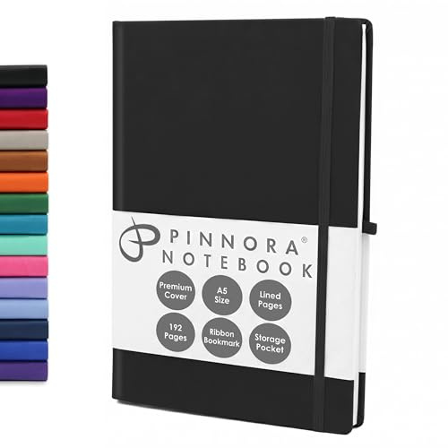 Pinnora Black A5 Notebook – Lined Everyday Journal Notebook & Monthly Planner with 192 Pages, Notebooks for School, Office & Travel, Durable Cover, Smooth Paper, Ideal Lined Notebooks