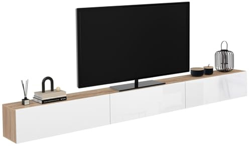 IDMarket - Meuble TV 300 cm Suspendu Elio 3 Portes Bois et Blanc