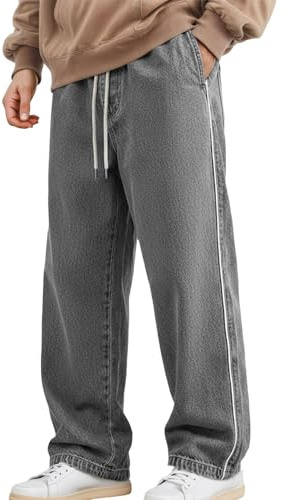 Jeans da uomo, pantaloni larghi, vestibilità larga, in denim, elasticizzati, in vita elasticizzata, look lavato, pantaloni da corsa, oversize, estivi