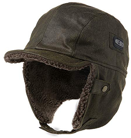Fancet Cappello da aviatore invernale unisex con paraorecchie, da caccia, da sci, neve, impermeabile, in finta pelle/cotone cerato, 88115B_Verde Oliva, S