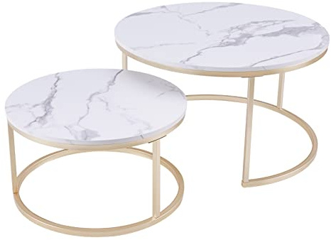 Huuryoudo Couch Tisch, Couchtisch 2er Set Rund Tisch Wohnzimmer Rund mit Metallgestell Beistelltisch Weiss Modern Satztische fürs Wohnzimmer, Weiß Gold Marmor Optik