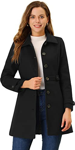 Allegra K Women's Winter Classic Outwear Overcoat with Pockets Single Breasted Pea Coat Medium Black