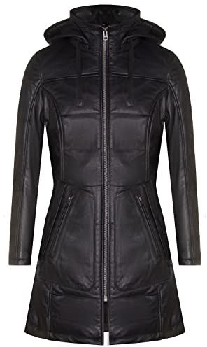 Infinity Leather Parka Acolchada Con Capucha de Piel Negra Para Mujer