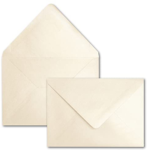 50x DIN C6 Briefumschläge, vanille (Creme) mit Metallic Effekt, 114 x 162 mm, 90 g/m², beidseitig beschichtet mit Perlmutt-Effekt, Nassklebung, für Einladungen, Geburtstag, Taufe