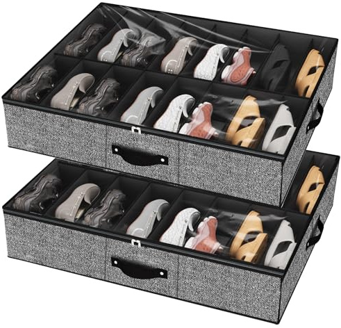 homyfort 32 Pairs Shoe Organizer Under Bed, Underbed Shoe Storage Boxes Bins, Organizador De Zapatos, Extra Large Zapateras Organizer, Black, Set of 2