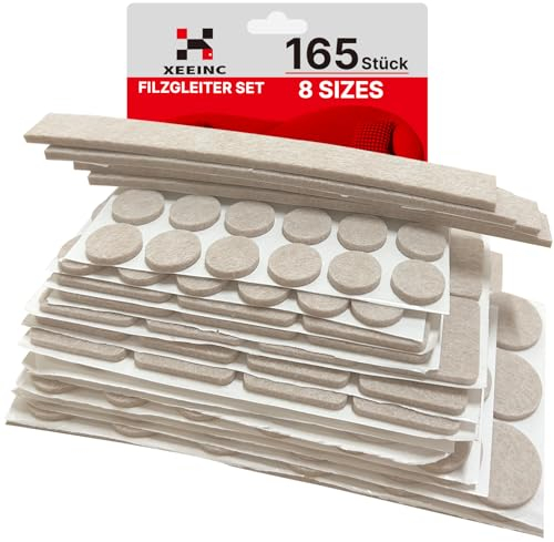 XEEINC Filzgleiter Selbstklebend 165 Stück (Hellbraun) - Filzgleiter für Stühle mit 8 Größen - 3mm Dicke Möbelgleiter Filz selbstklebend für Stühle Bodenschutz - mit Idealer Klebkraft