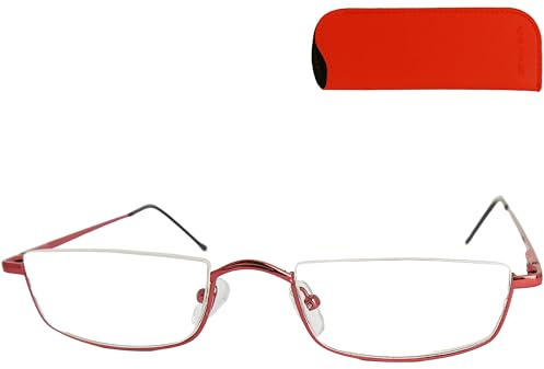 Mini Brille - Lunettes de Lecture Demi-Lune Style Vintage, Boite Lunette Inclus, Cadre Rectangulaire en Acier Inoxydable (Rouge) Lunette Homme et Femme +2,0 Dioptrie
